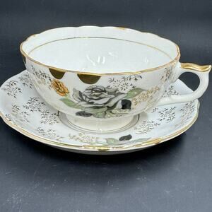 Tea cup and Saucer set grey, black and gold roses